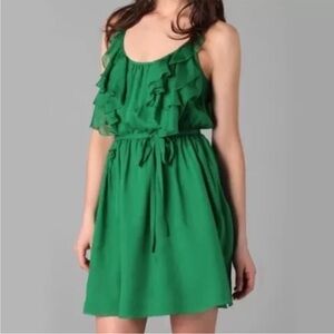 Rebecca Taylor Deep Green 100% Silk Ruffle Mini Dress size 0